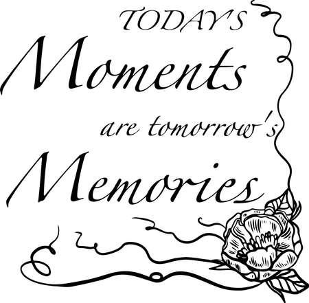 Peony lettering "Today`s moments are tomorrow`s memories" of scratch style. Sketch engraving vector illustration. Scratch board style imitation. Black and white hand drawn image.のイラスト素材