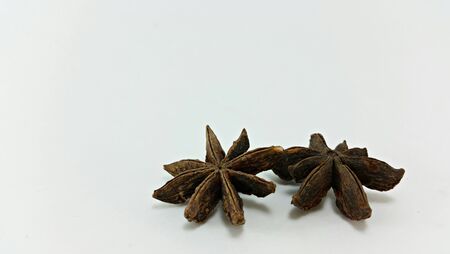two of star anise on white backgroundの写真素材