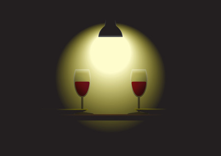 Romantic dinner table set for 2 (dish and a glass of wine each) under the down lightのイラスト素材