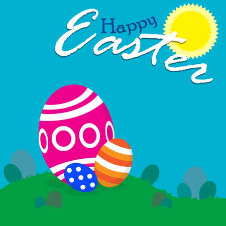 Happy Easter!! - easter eggs hunting field - colorful easter eggs - grass field - hidden easter eggs - sunny dayのイラスト素材