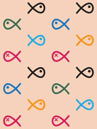 Seamless pattern colored swiming fish line drawing like on light orange backgroundのイラスト素材