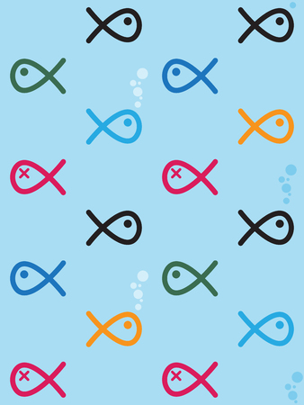Seamless pattern colored swiming fish with bubble like on light blue backgroundのイラスト素材