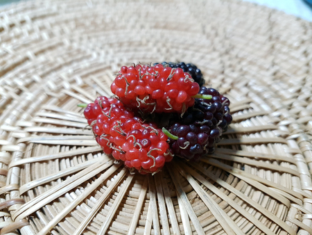 Various color mulberries on the wooden wickerの写真素材