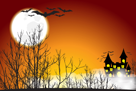 Landscape of scary castle behind dry tree forest which fully with bat around in full moon night - happy halloweenのイラスト素材