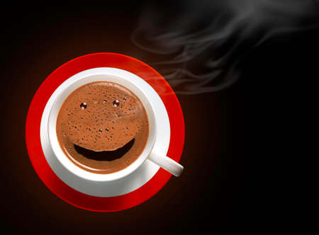 Good morning smile in coffee cup on black backgroundの写真素材