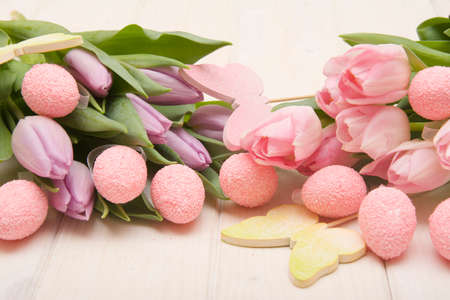 Decoration from Easter eggs and beautiful flowersの写真素材