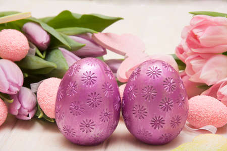 Decoration from Easter eggs and beautiful flowersの写真素材
