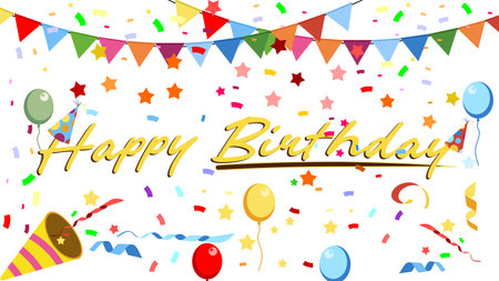 Happy birthday greeting card with balloons and confetti. Vector illustration.のイラスト素材