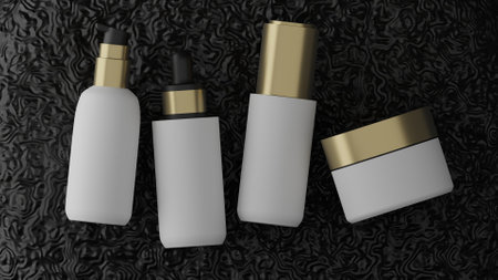 Mockup of cosmetic bottles on black background. 3D renderingの写真素材