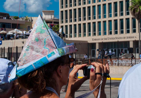HAVANA, CUBA - 08/14/2015. Demonstration outside the US embassy in Cuba in support of the...