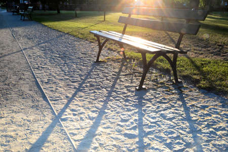 Empty bench in the park on a sunny summer afternoonの写真素材