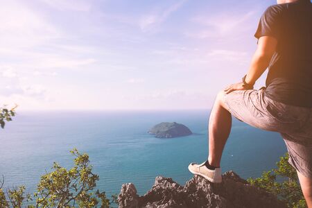Success achievement climbing, running or hiking accomplish business concept.Vintage Style.