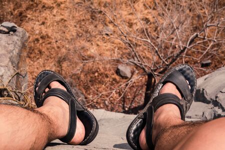 Feet selfie on cliff with top  view Travel Lifestyle adventure vacations concept