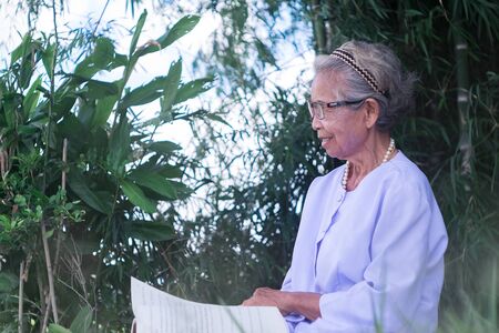 Beautiful old woman reading book at parkの写真素材