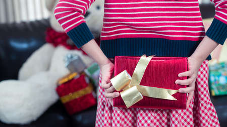 Girl holding a hidden red glitter wrapping paper Christmas gift to surprise.16:9 styleの写真素材