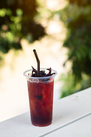 Roselle juice in a glass with dried okraの写真素材