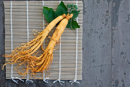Fresh ginseng root on bamboo basket with green leaves and berries