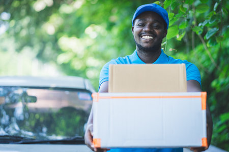 Smile african postal delivery courier man in front of car delivering packageの写真素材
