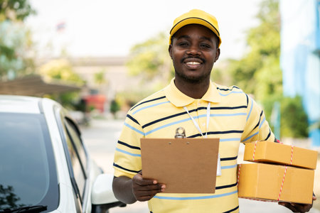 African male postal delivery courier man holding delivering package boxs and cardboard in front of carの写真素材