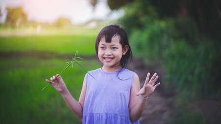 Happy asian little girl smiling at the green fieldの写真素材