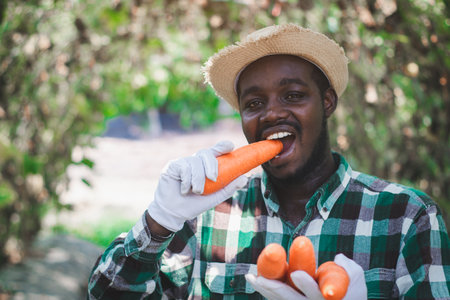 Happy african farmer standing in the organic farm with eating  carrot.Agriculture or cultivation conceptの写真素材