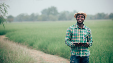 African farmer holding tablet for  research in organic rice field.Agriculture or cultivation conceptの写真素材