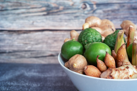 Thai herbs include many types such as ginger, galangal, lemongrass, kaffir lime, lemon. Concept of herbal  for antiviral and immune to the bodyの写真素材