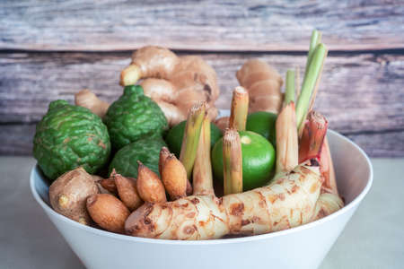 Thai herbs include many types such as ginger, galangal, lemongrass, kaffir lime, lemon. Concept of herbal  for antiviral and immune to the bodyの写真素材