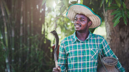 African farmer is happily working on his farm.Agriculture or cultivation conceptの写真素材