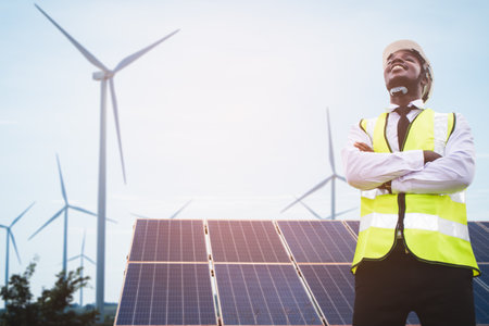 African engineer manager stand  front solar photovoltaic and wind turbines generating electricity power station. 
Concept of sustainability development by alternative energyの写真素材