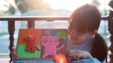 Asian young girl sits happily making plasticine in the house during the sunset. Ideas for creativity and the use of free time to benefit childrenの写真素材