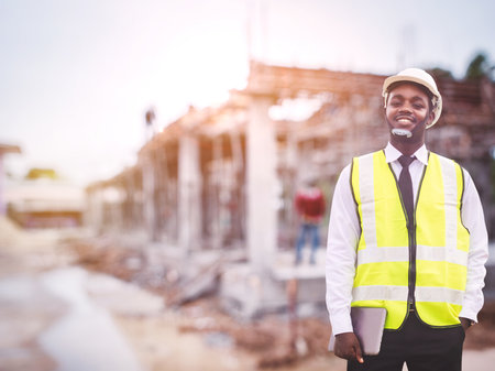 African architects engineer man with tablet work together in the inside the construction building siteの写真素材