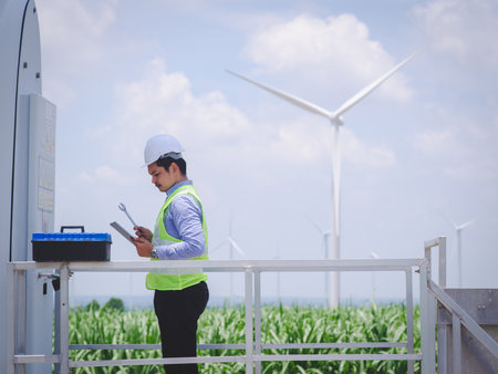 Engineer man is using a tablet to control and monitor the operation of a wind turbine in the electrical control room.Concept of sustainability development by alternative energyの写真素材
