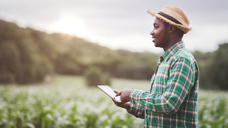 African Farmer with hat using tablet in the organic corn plantation field.Agriculture or cultivation conceptの写真素材