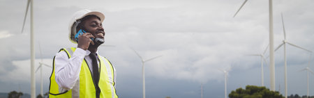 African engineer man stands using smartphone front the wind turbines generating electricity power...