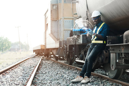 African engineer researching engine maintenance and rail transport system using tablet. Engineering and technology conceptの写真素材