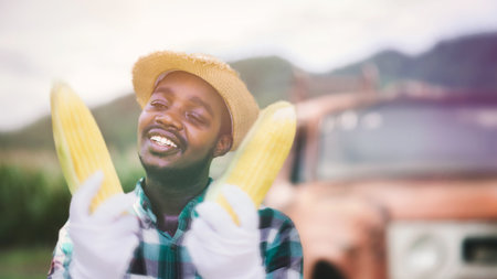 African Farmer with hat stand and holding fresh corn in the organic plantation field.Agriculture or cultivation conceptの写真素材