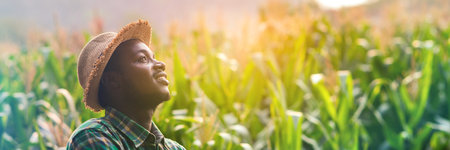 African farmer posing with smile in the corn field, agriculture and success conceptの写真素材