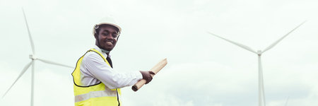 African engineer stand near the wind turbine for inspect the operation of large wind turbines that converts wind energy into electrical energyの写真素材