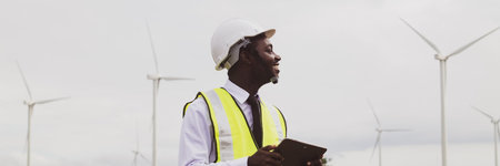 African engineer smile and using tablet with the wind turbine for inspect the operation of large wind turbines that converts wind energy into electrical energyの写真素材