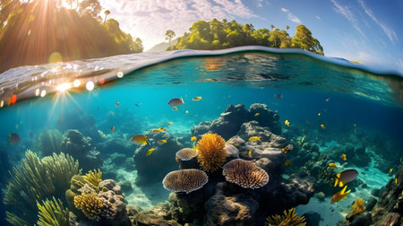 Underwater view of tropical coral reef with fish and marine life.の素材