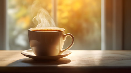 Cup of coffee on wooden table in front of window with sunlight.の素材