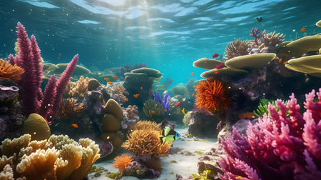 Beautiful underwater world with corals and tropical fish. 3d renderingの素材