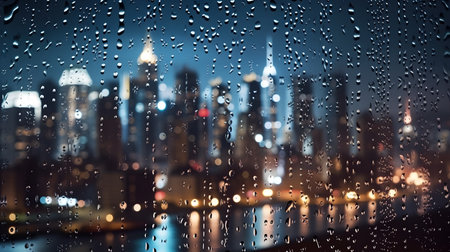Rain drops on window glass with blurred cityscape background. rainy weather conceptの素材