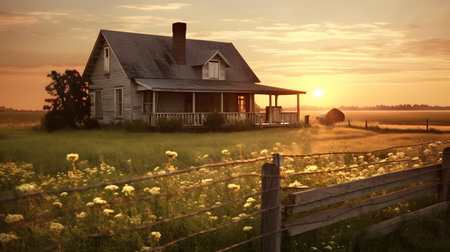 An old wooden house in a field with flowers at sunset.の素材