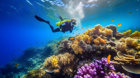 Scuba diver and coral reef in the sea.の素材