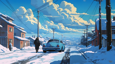 Winter landscape with a car on the road in the city. Vector illustration.の素材
