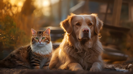 Golden Retriever and cat sitting together in the garden at sunsetの素材