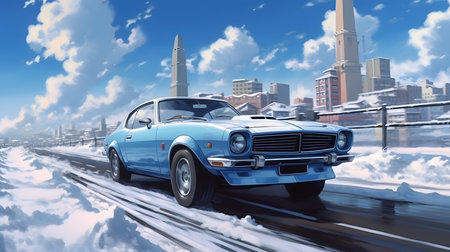 Classic american muscle car in the city. 3D rendering.の素材