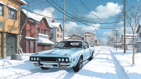 Vintage car on the street in winter. Illustration.の素材